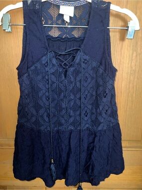 Knox Rose Navy Crochet Lace Tank with Tassel Tie